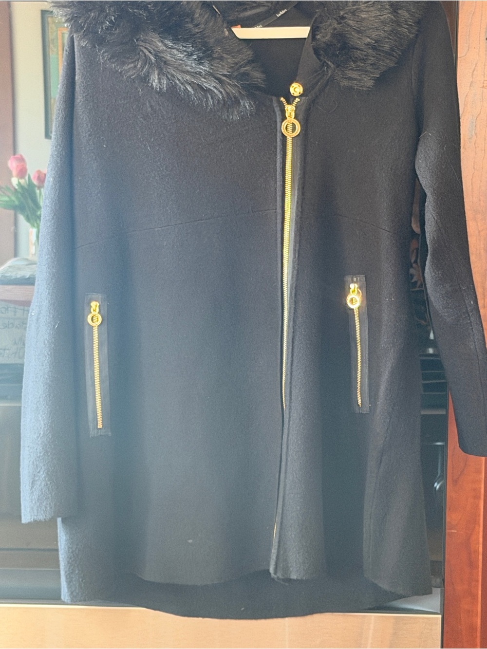 Belldini Black Trench Coat with Faux Fur Collar and Gold Zippers